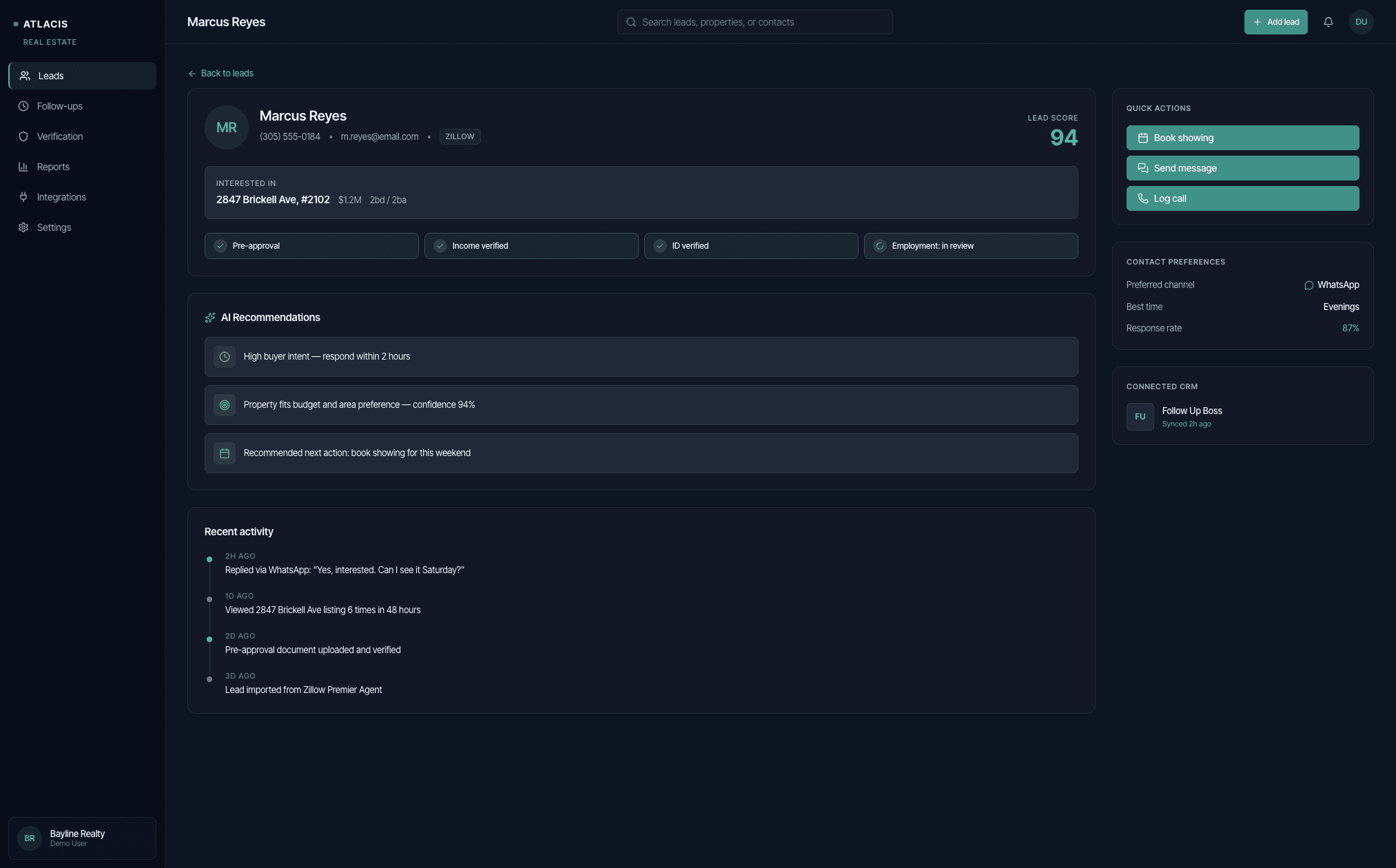 Individual lead detail showing lead score 94, AI recommendations, and recent activity
